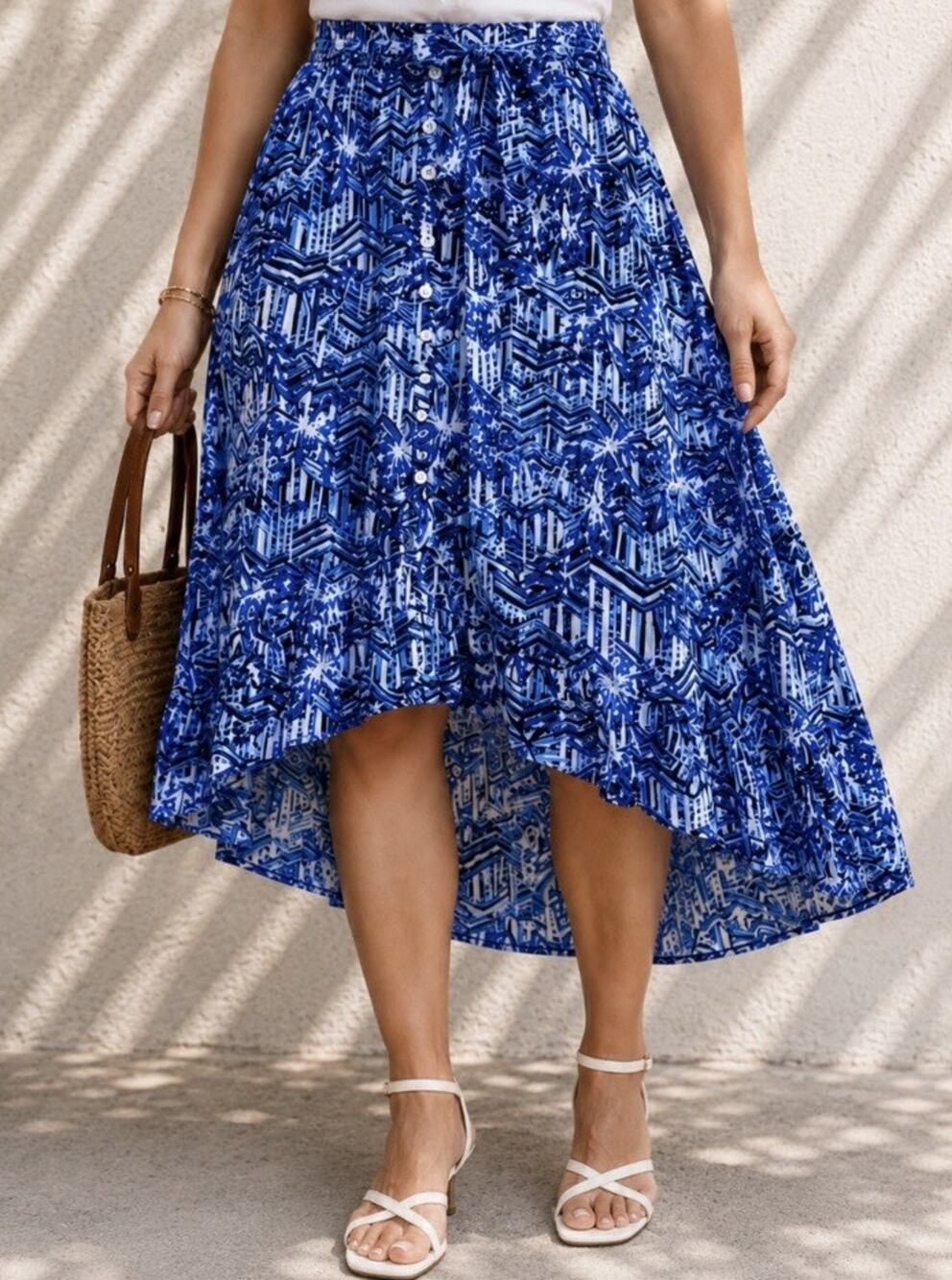 Blue Island Women’s Flowy Midi Skirt Size M Blue Beach Tropical Palm Print Boho